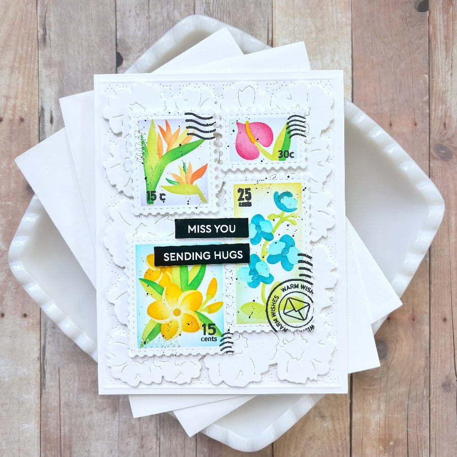Waffle Flower Postage Collage Tropical Flowers Stencils 422201 miss you