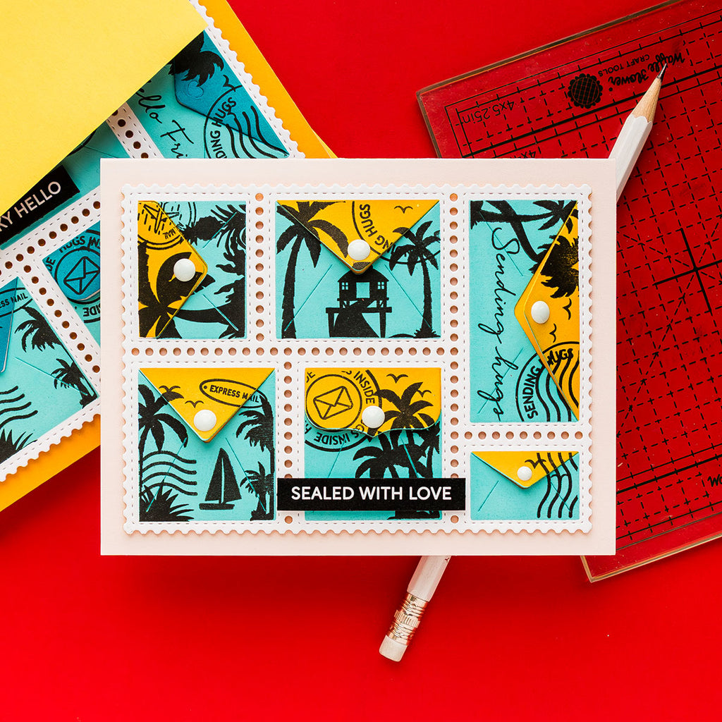 Waffle Flower Postage Collage Tropical Sunset Clear Stamps 422014 sealed with love | color-code:ALT01