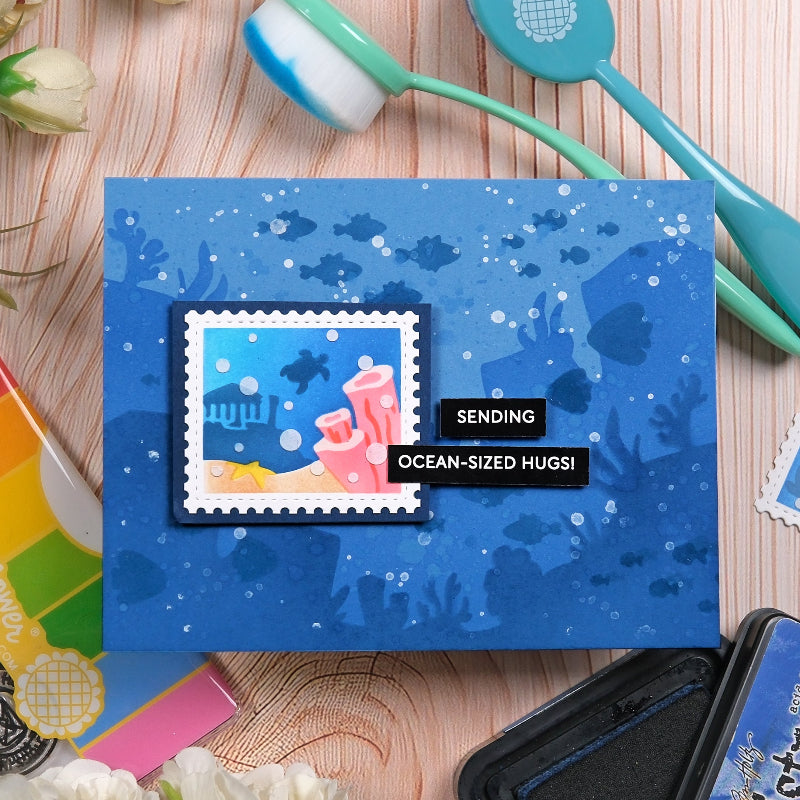 Waffle Flower Postage Collage Under the Sea Stencils 422421 school of fish