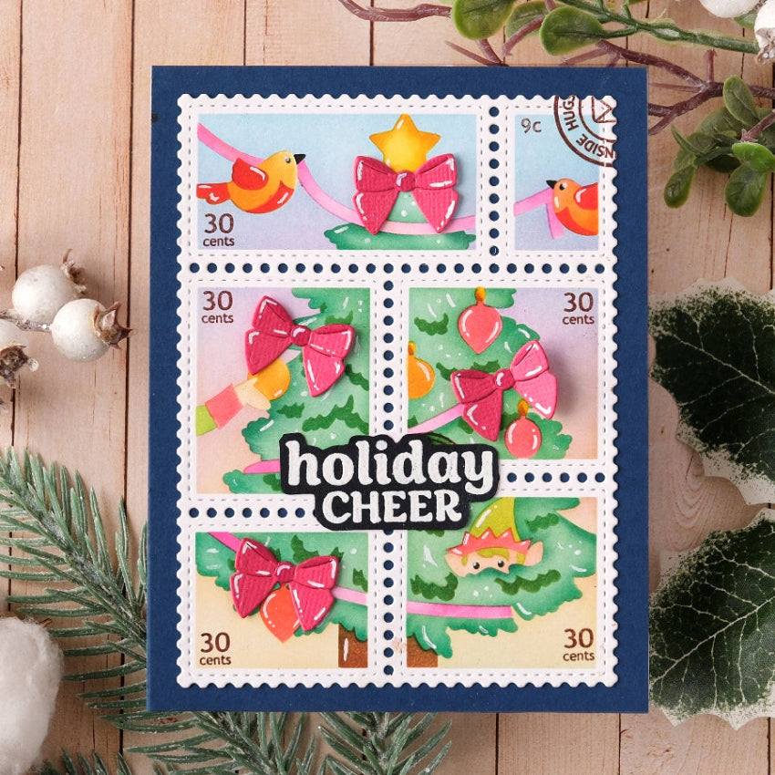 Waffle Flower Postage Collage Vertical Tree Stencil and Die Set red bows