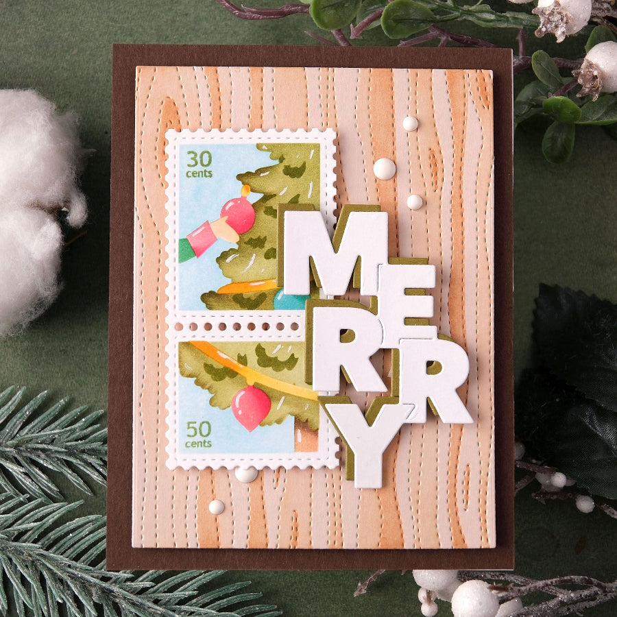 Waffle Flower Postage Collage Vertical Tree Stencil and Die Set woodgrain