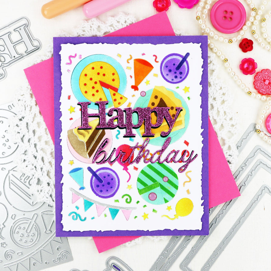 Waffle Flower Print Happy and Script Birthday Die Set glitter