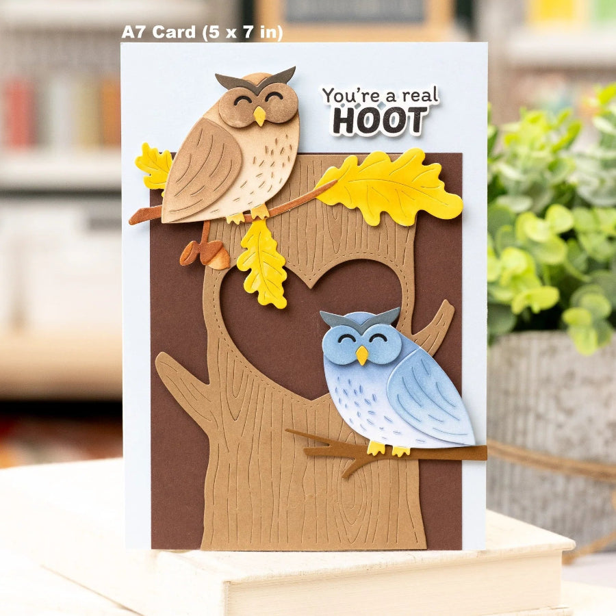 Waffle Flower Real Hoot Sentiments Clear Stamp and Die Set yellow leaves card