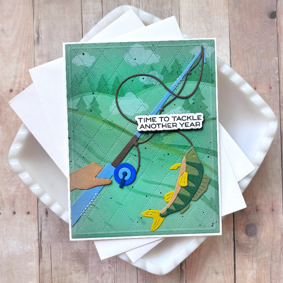 Waffle Flower Reel In Dies 422558 blue fishing pole card