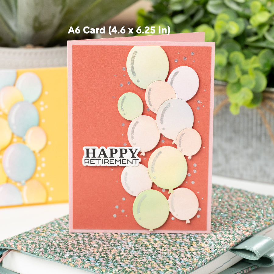 Waffle Flower Retirement Sentiments Clear Stamp and Die Set balloon cluster card