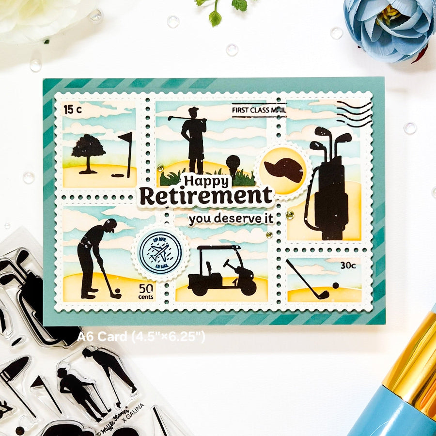 Waffle Flower Retirement Sentiments Matching Dies 422552 golfing postage stamps card