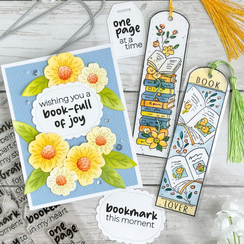 Waffle Flower Round Bookmark Book Lover Clear Stamp and Stencil Set flowers