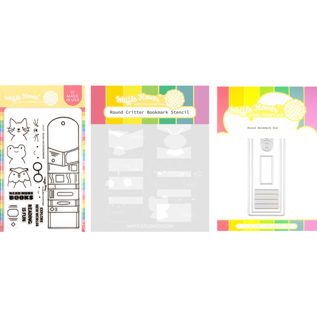 Waffle Flower Round Critter Bookmark Stencils, Clear Stamps, and Rounded Bookmark Die Set