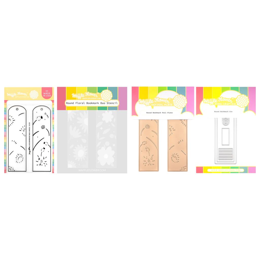 Waffle Flower Round Floral Bookmark Stencil, Clear Stamp, Round Bookmark Dies and Hot Foil Plate Set