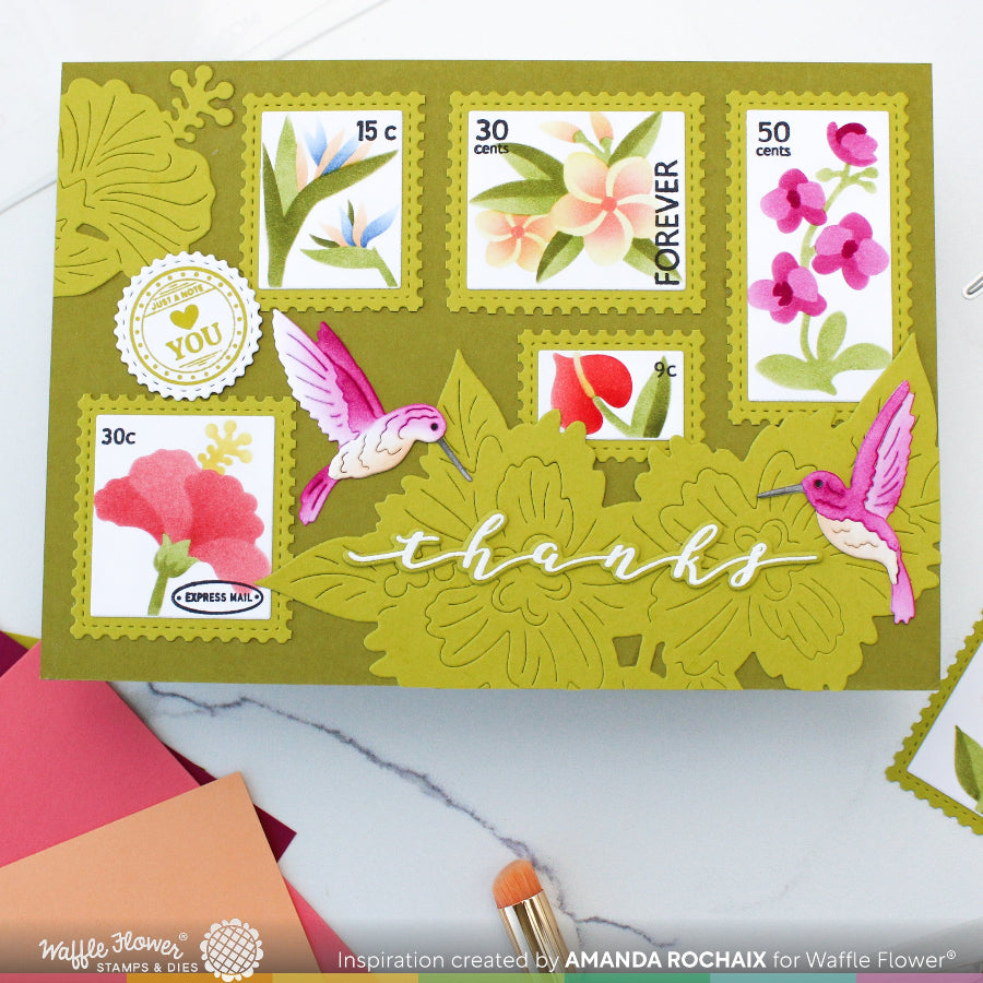 Waffle Flower Script Greetings Clear Stamp and Die Set hummingbirds
