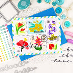 Waffle Flower Script Greetings Clear Stamp and Die Set postage stamps