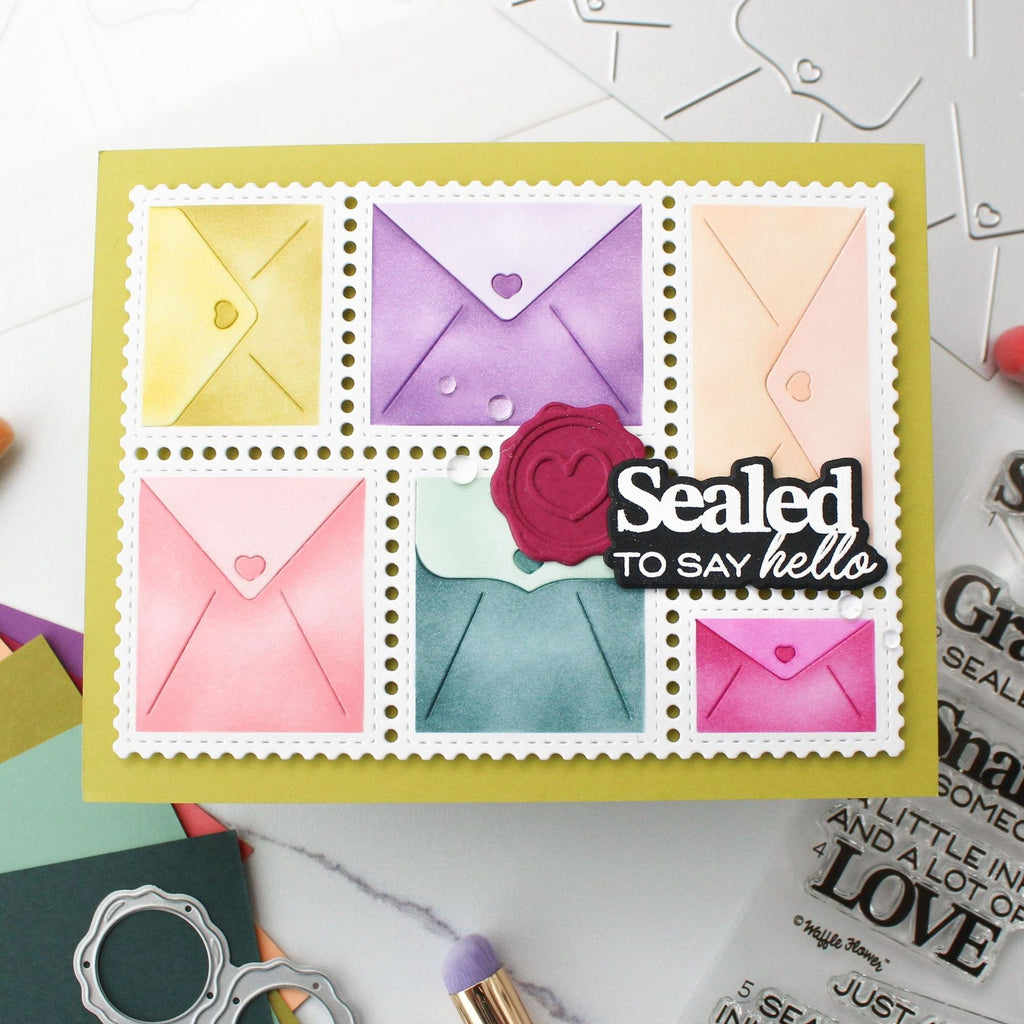 Waffle Flower Sealed Sentiments Clear Stamp and Die Set envelopes