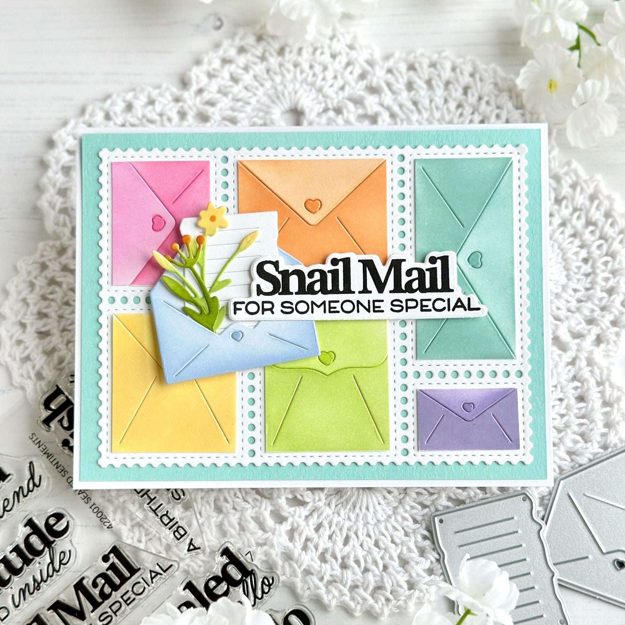 Waffle Flower Sealed Sentiments Clear Stamp and Die Set snail mail
