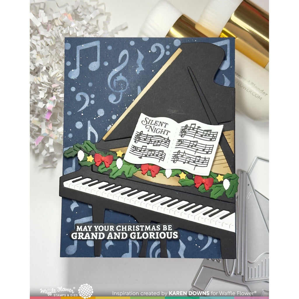 Waffle Flower Sheet Music Details Clear Stamp and Die Set garland with red bows piano music notes background card karen downs
