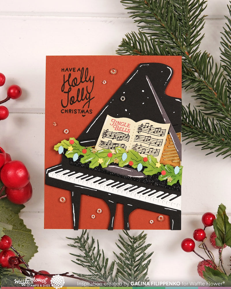 Waffle Flower Sheet Music Die 422744 black piano garland holly jolly christmas card galina filippenko