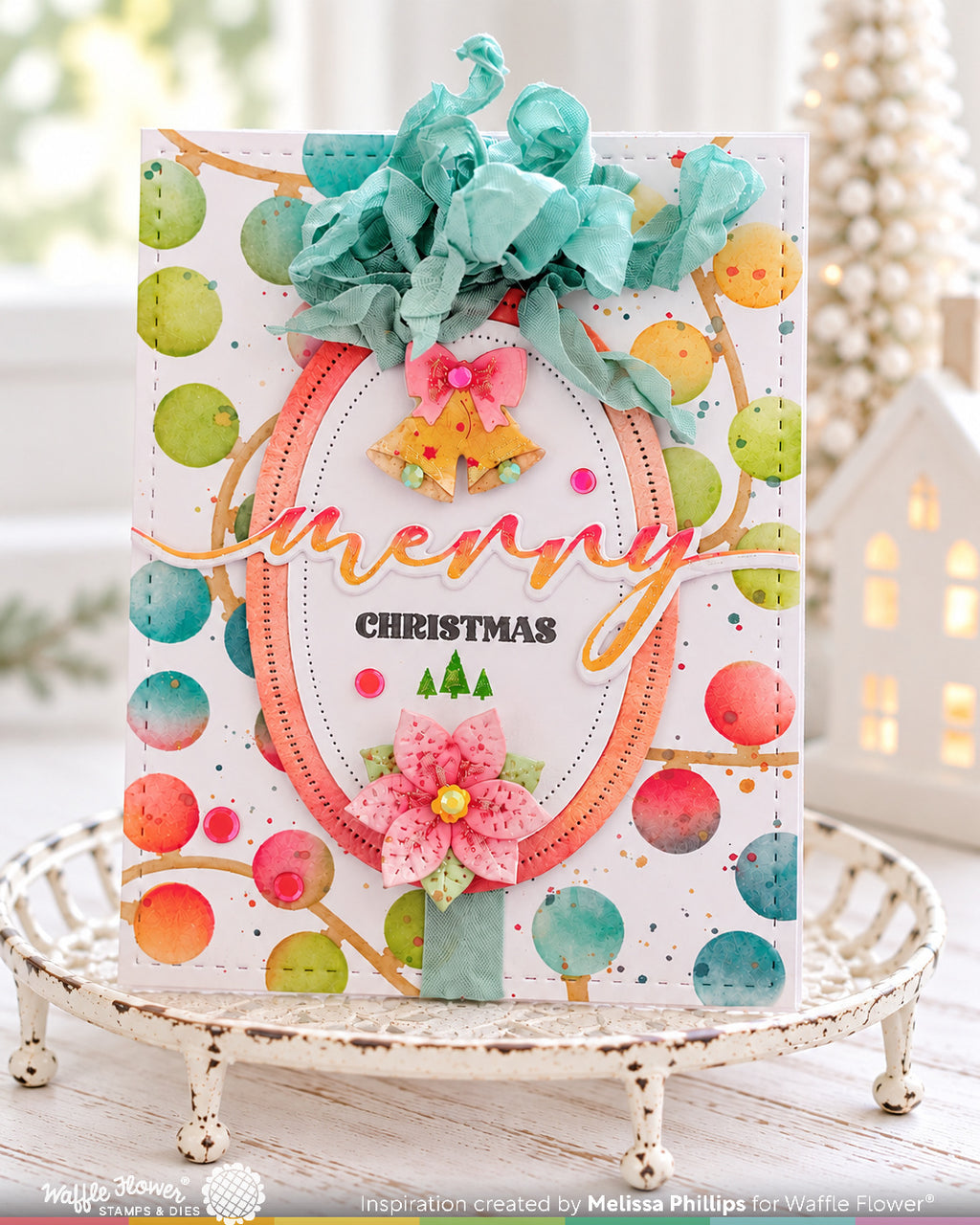 Waffle Flower Simply Christmas Clear Stamp and Die Set bells with pink bow colored sting lights merry christmas card melissa phillips