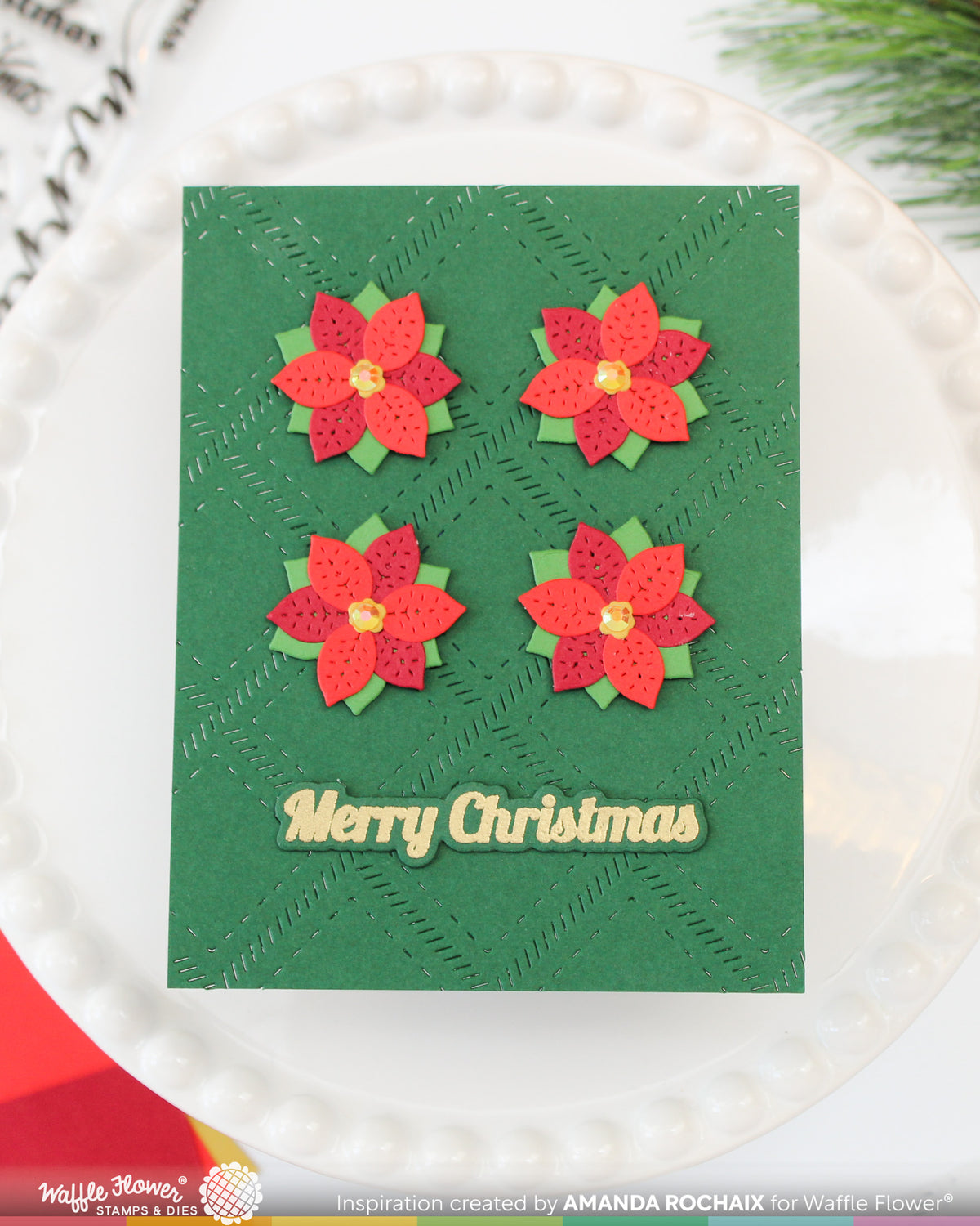Waffle Flower Simply Christmas Clear Stamp and Die Set red poinsettia flowers green merry christmas card amanda rochaix