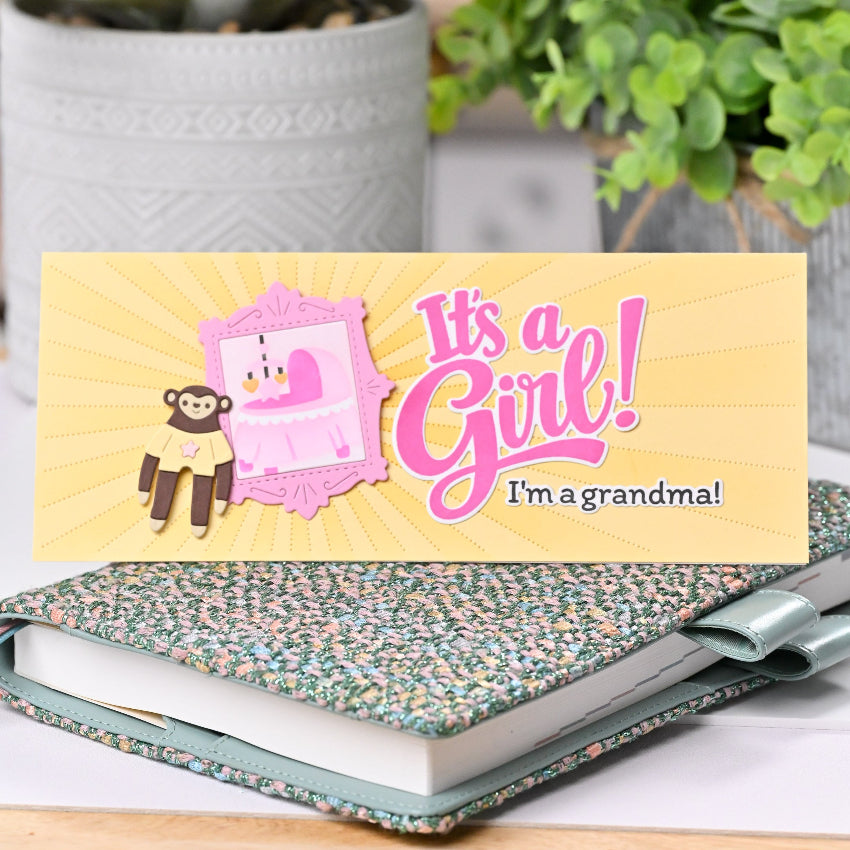 Waffle Flower Slimline and Mini Slimline Sunburst Stencil 422515 it's a girl card