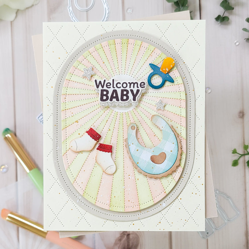 Waffle Flower Slimline and Mini Slimline Sunburst Stencil 422515 welcome baby card