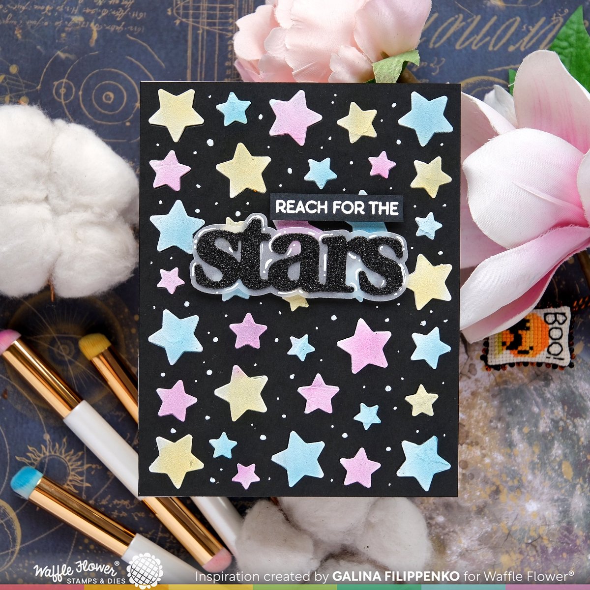 Waffle Flower Small Sentiments Moon and Stars Clear Stamps 421741 pink and blue