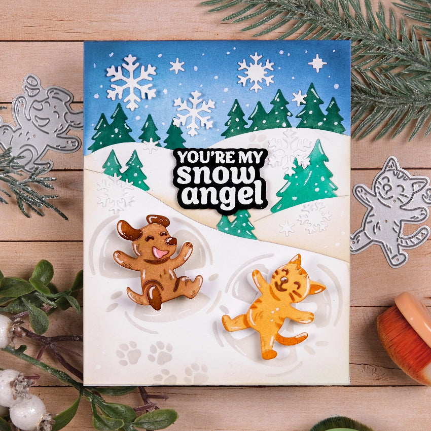 Waffle Flower Snow Angel Cat and Dog Duo Die-n-stencil Set trees