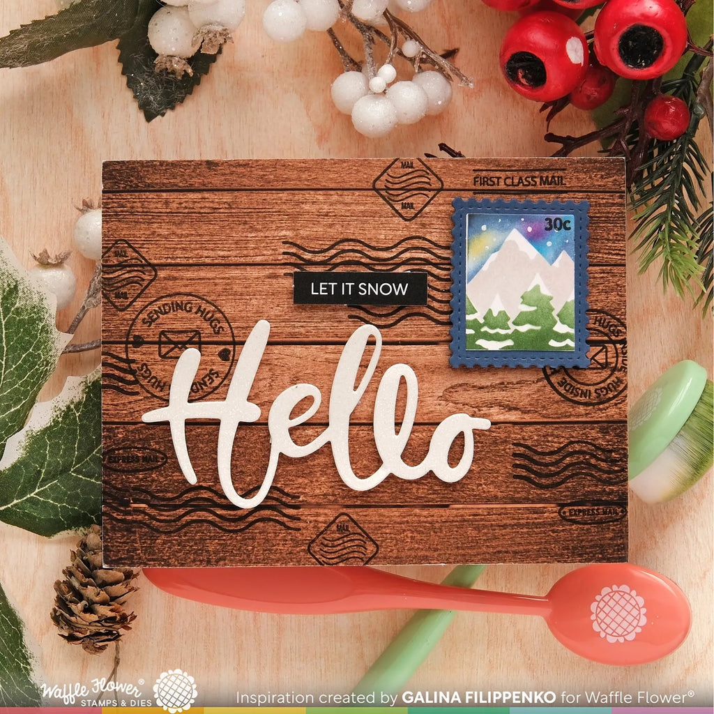 Waffle Flower Snowcapped Hello Word Dies 421880 wood