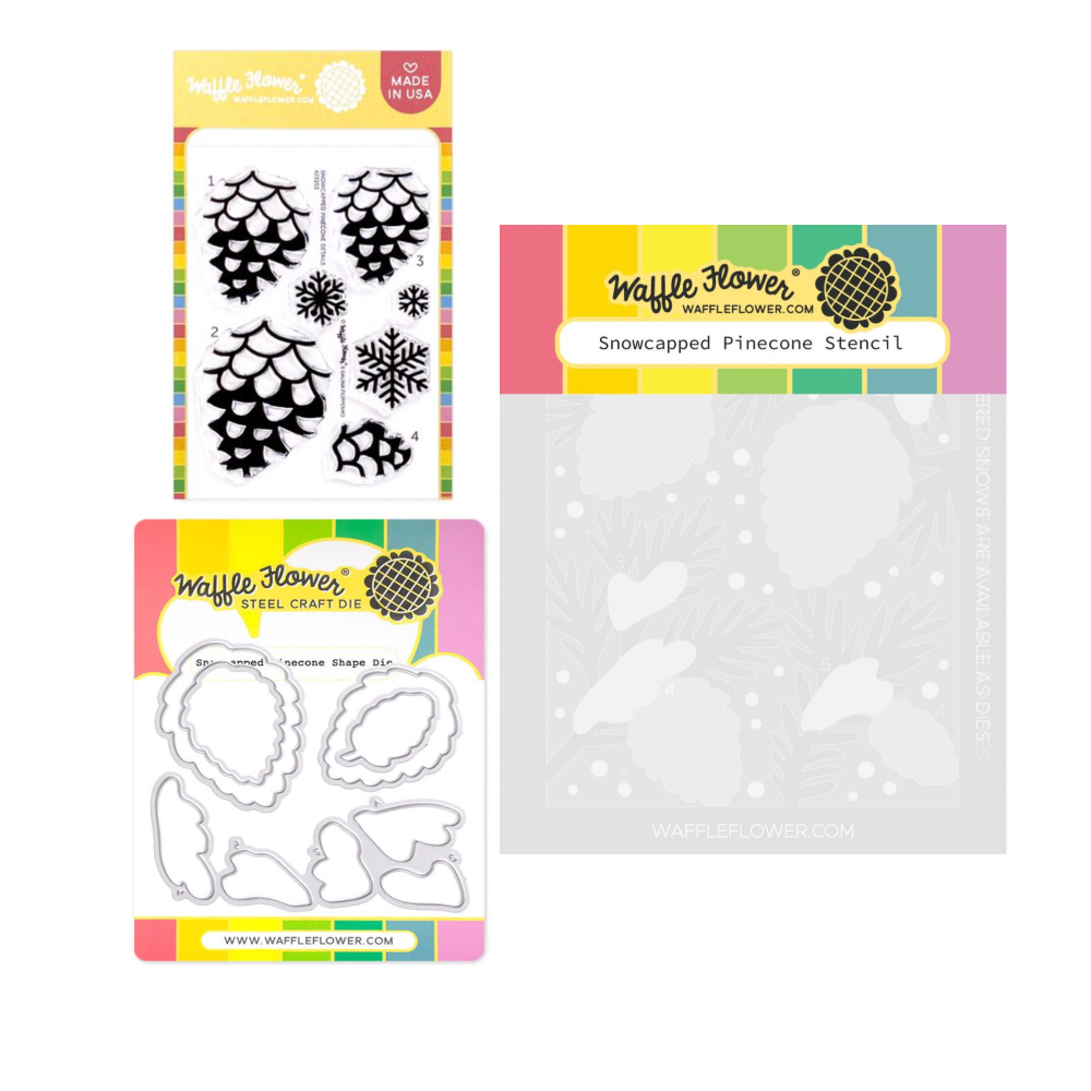 Waffle Flower Snowcapped Pinecone Details Clear Stamp Die and Stencil Set