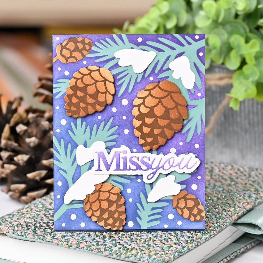 Waffle Flower Snowcapped Pinecone Details Clear Stamp Die and Stencil Set miss you