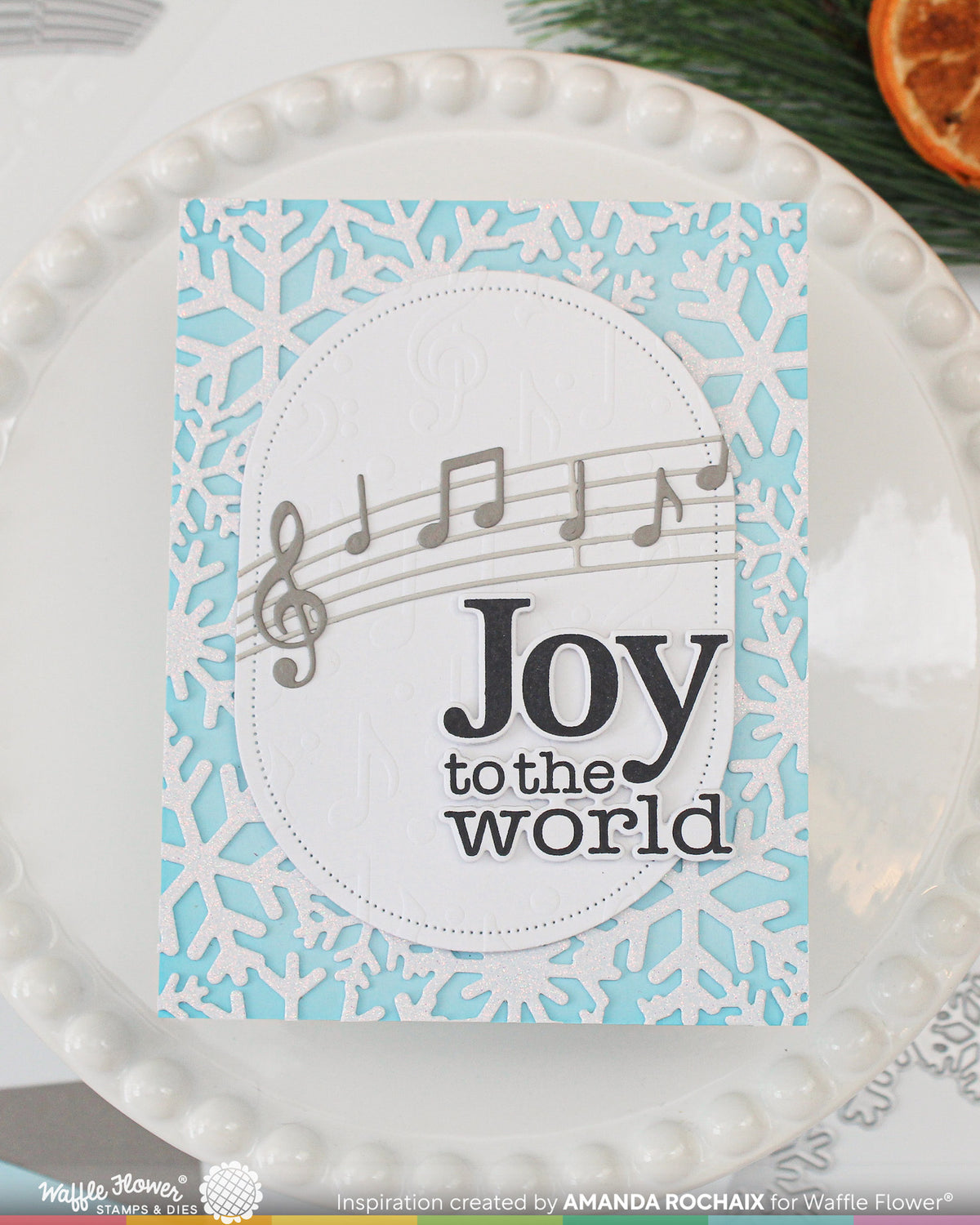 Waffle Flower Snowflake Frame Die 422743 music notes joy to the world blue card amanda rochaix