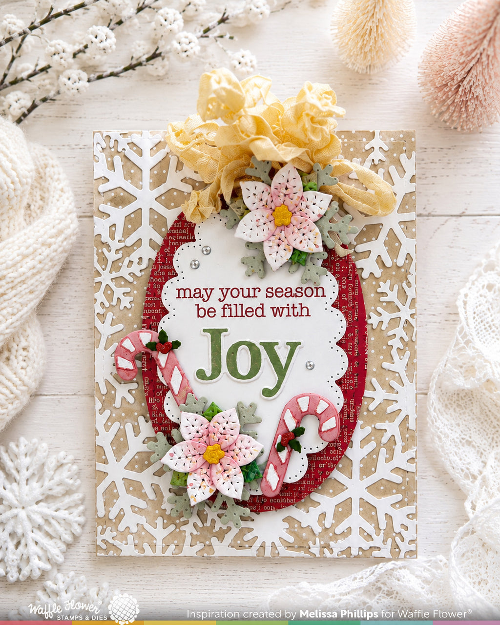 Waffle Flower Snowflake Frame Die 422743 pink flowers yellow fabric candy canes joy card melissa phillips