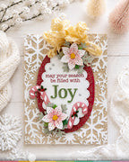 Waffle Flower Snowflake Frame Die 422743 pink flowers yellow fabric candy canes joy card melissa phillips