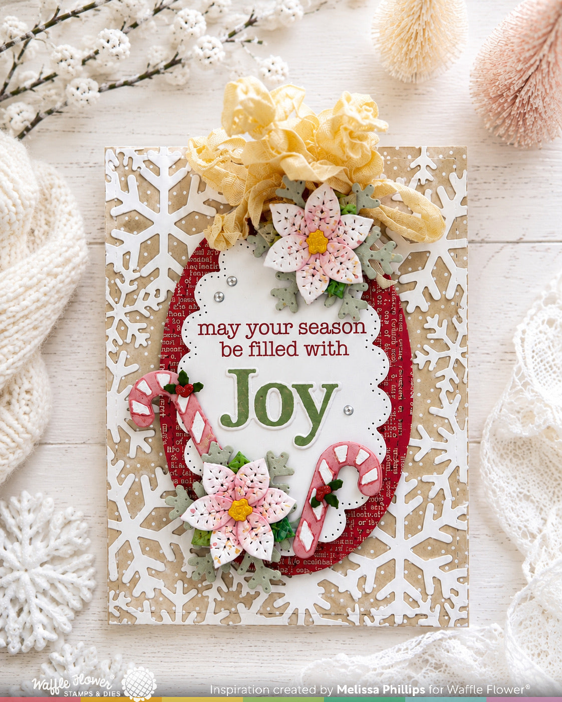 Waffle Flower Snowflake Frame Die 422743 pink flowers yellow fabric candy canes joy card melissa phillips