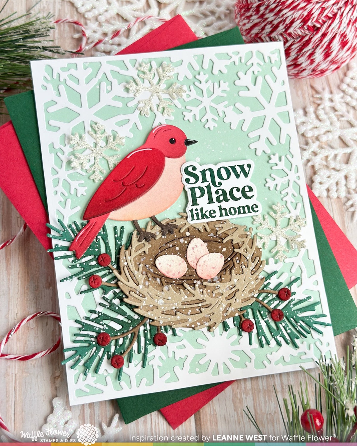 Waffle Flower Snowflake Frame Die 422743 red bird with nest berries eggs snow place like home card leanne west
