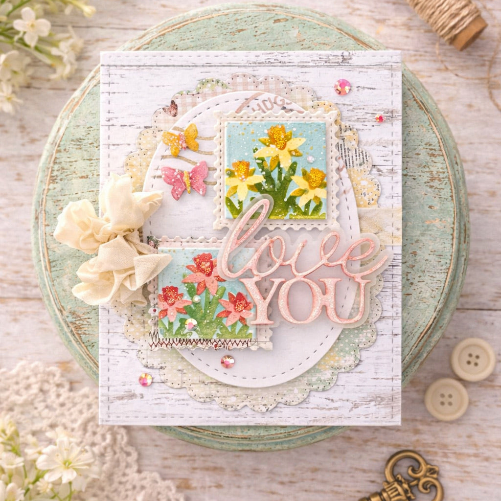 Waffle Flower Square Postage Daffodil Stencil and Die Set love  you