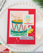 Waffle Flower Square Postage Nutcracker Stencil 422624 blue drums bells with blue bow drumroll for christmas card amanda rochaix