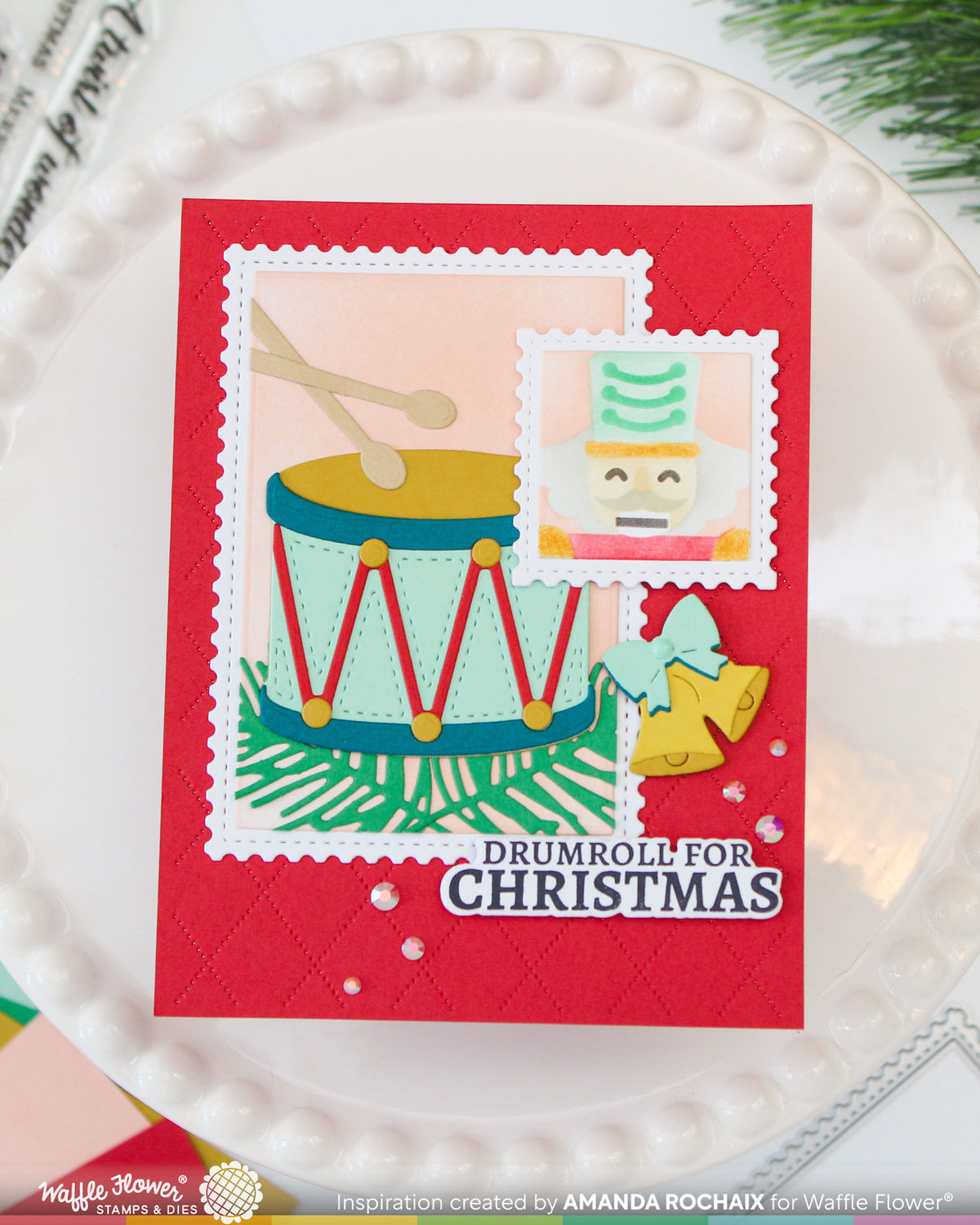 Waffle Flower Square Postage Nutcracker Stencil 422624 blue drums bells with blue bow drumroll for christmas card amanda rochaix