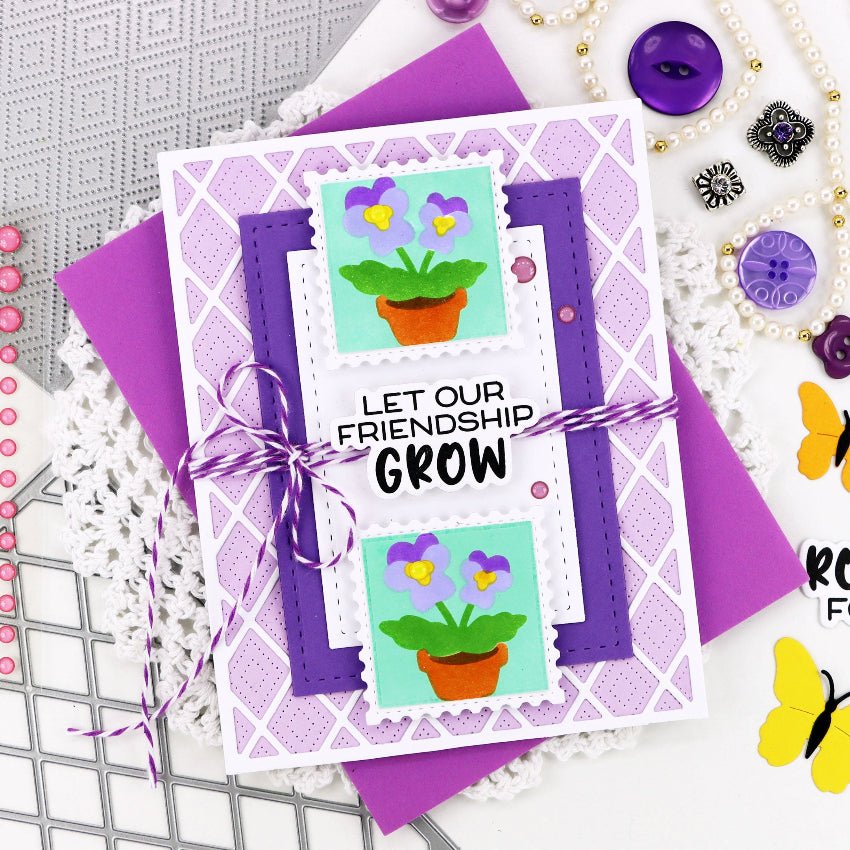 Waffle Flower Square Postage Pansy Stencil 422479 purple diamonds