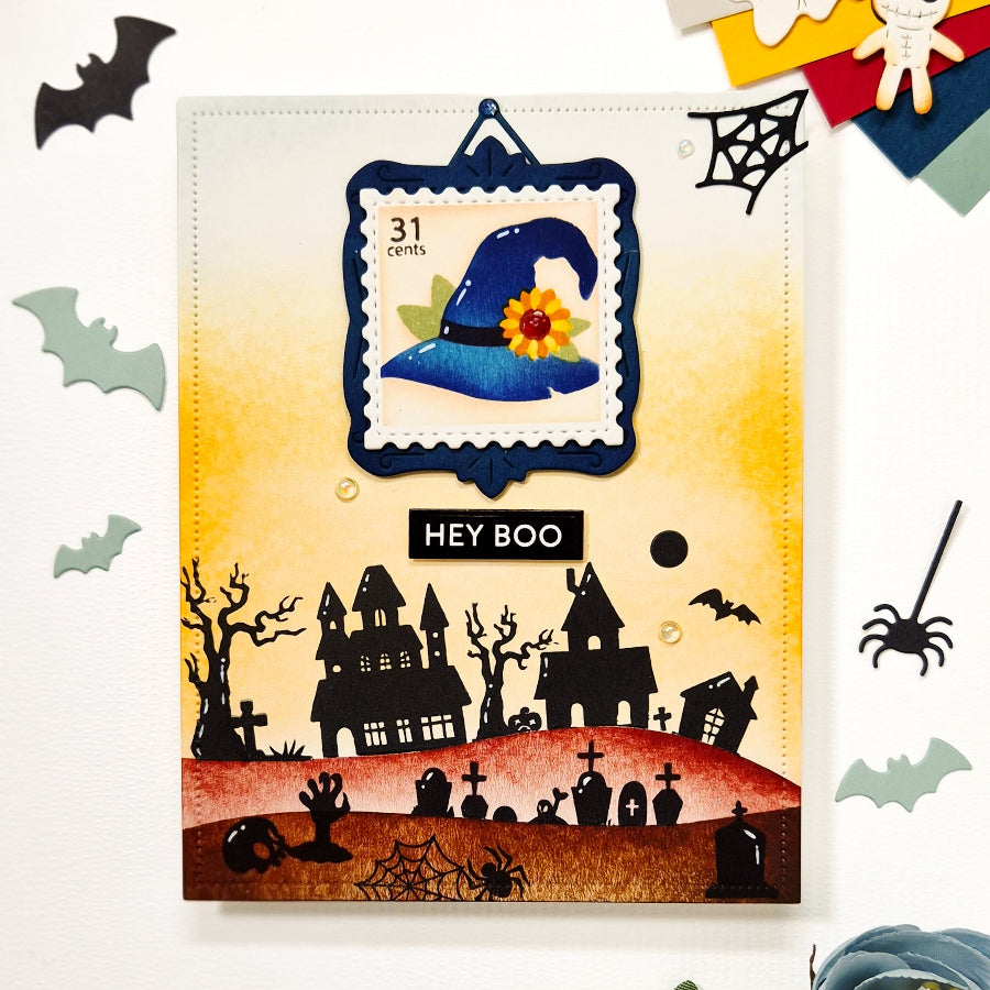 Waffle Flower Square Postage Spellcial Stencils 422629 hey boo card