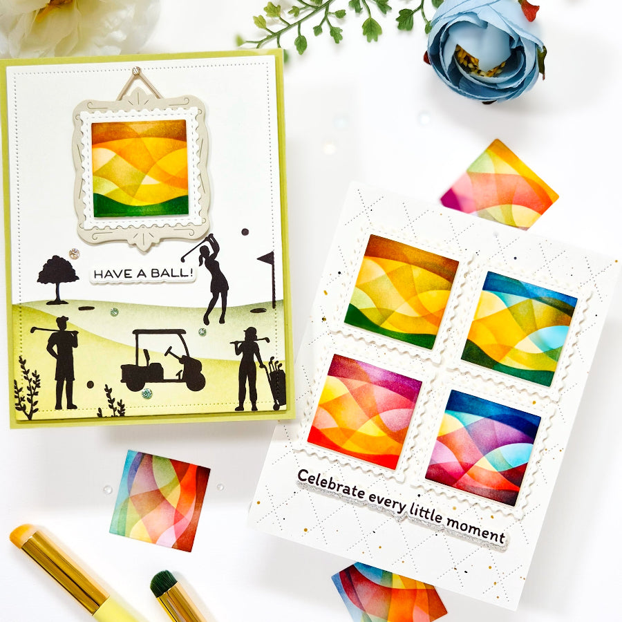 Waffle Flower Square Postage Wave Stencils and Square Postage Die Set celebrate have a ball cards