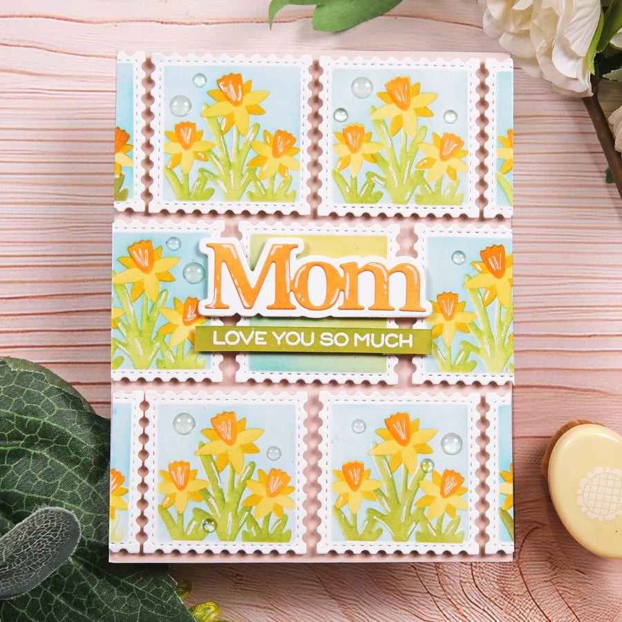 Waffle Flower Square Postage Wave Stencils and Square Postage Die Set love you mom card