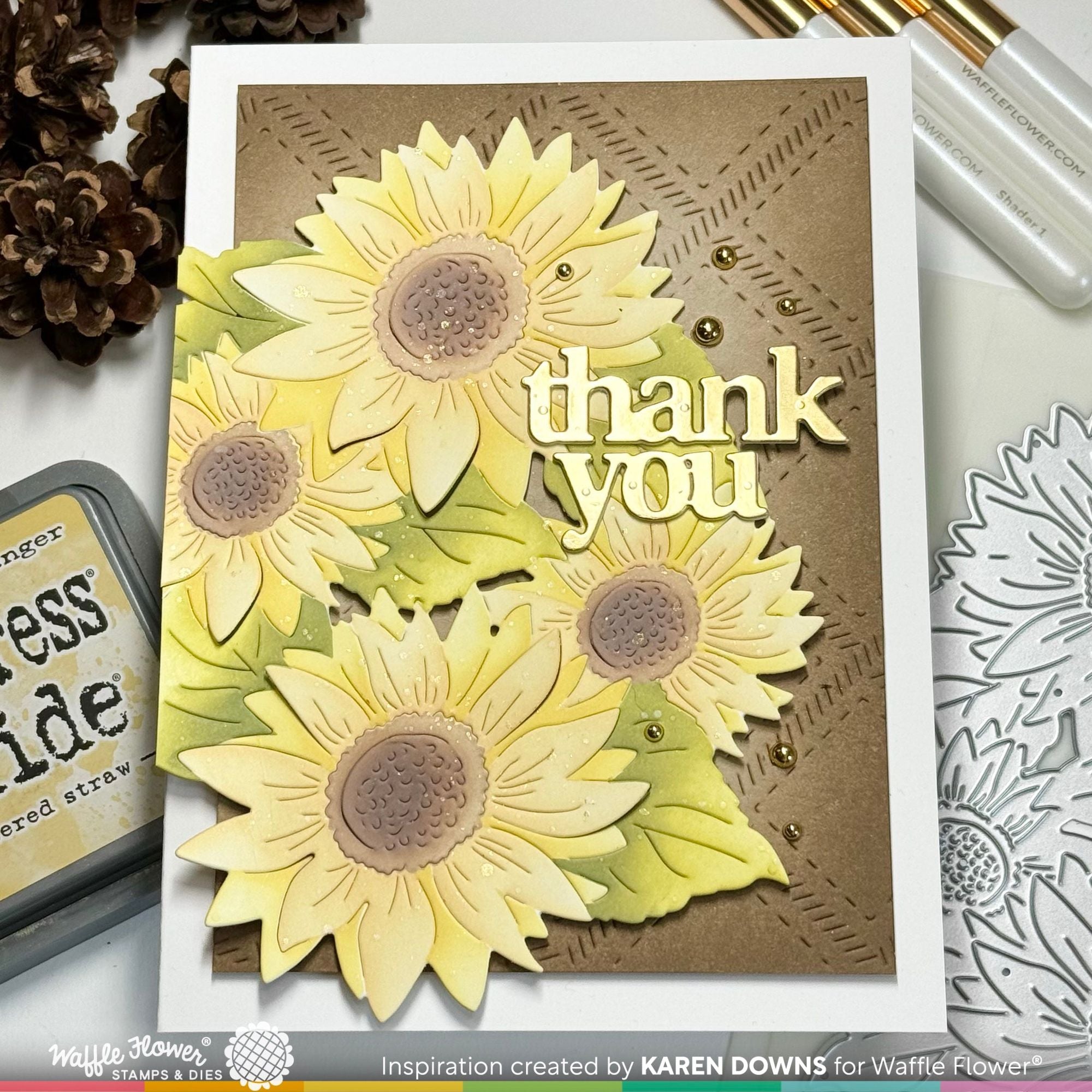 Waffle Flower Sunflower Cluster Die and Stencil Set thank you