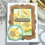 Waffle Flower Sunshine Days Sentiments Clear Stamp and Die Set brown flower frame card