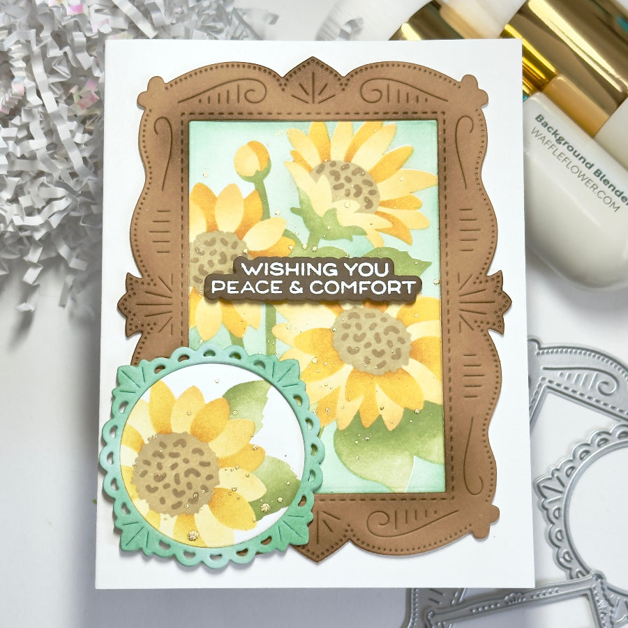 Waffle Flower Sunshine Days Sentiments Clear Stamp and Die Set brown flower frame card