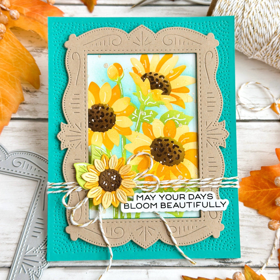 Waffle Flower Sunshine Days Sentiments Clear Stamps 422619 sunflower frame card