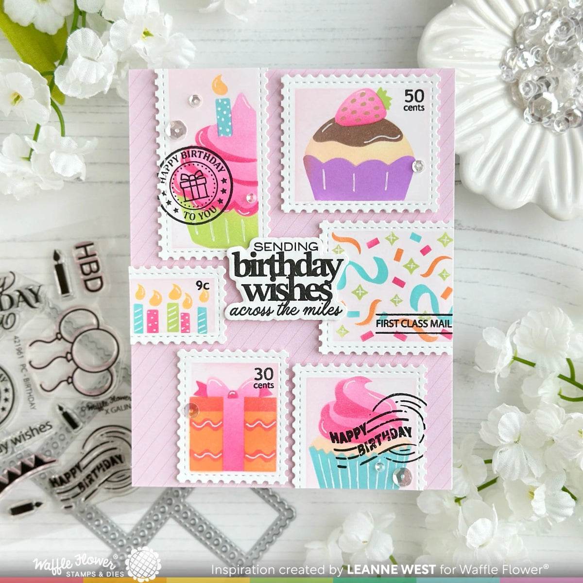 Waffle Flower Sweet Birthday Sentiments Clear Stamp and Die Set wfc1971 postage stamps