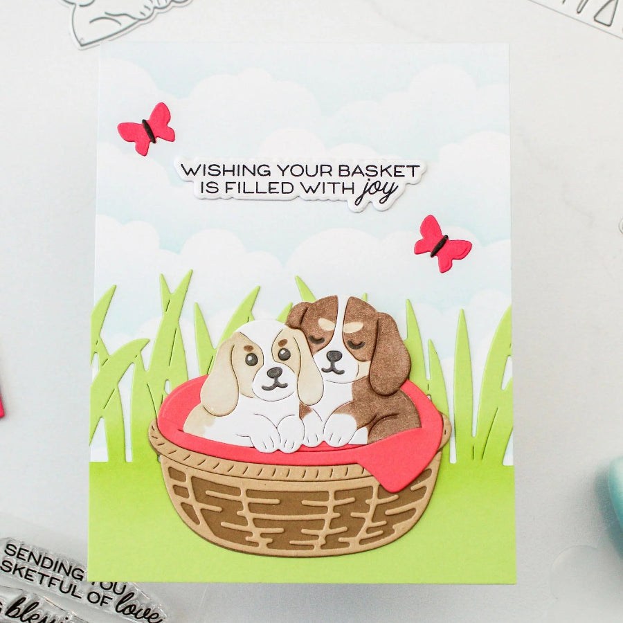 Waffle Flower Tall Grass Die 422370 puppies in a basket