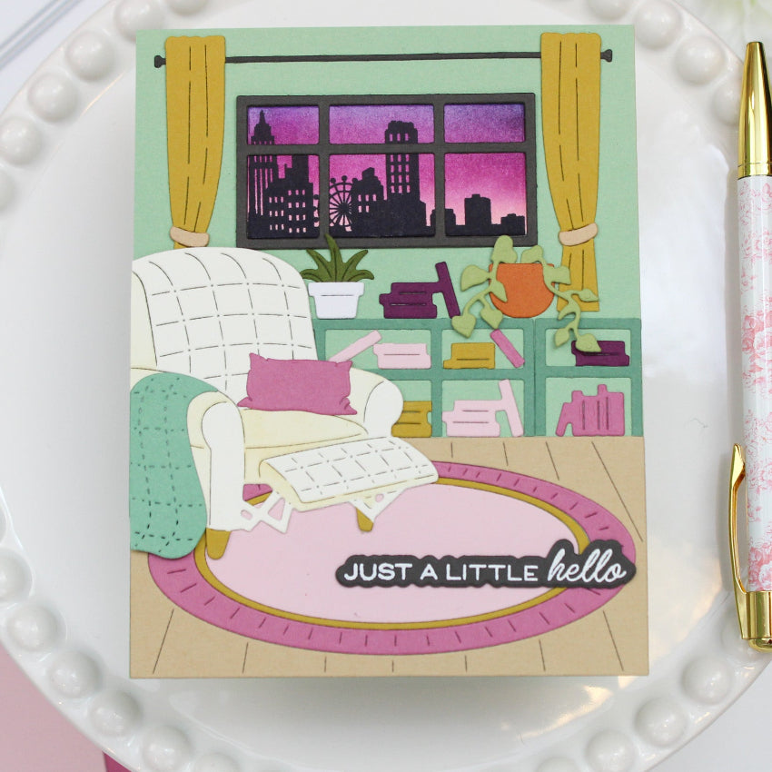 Waffle Flower Window Sentiments Matching Dies 422502 a little hello card
