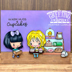 Warm Hugs and Cupcakes Card with Two Friends in Bakery