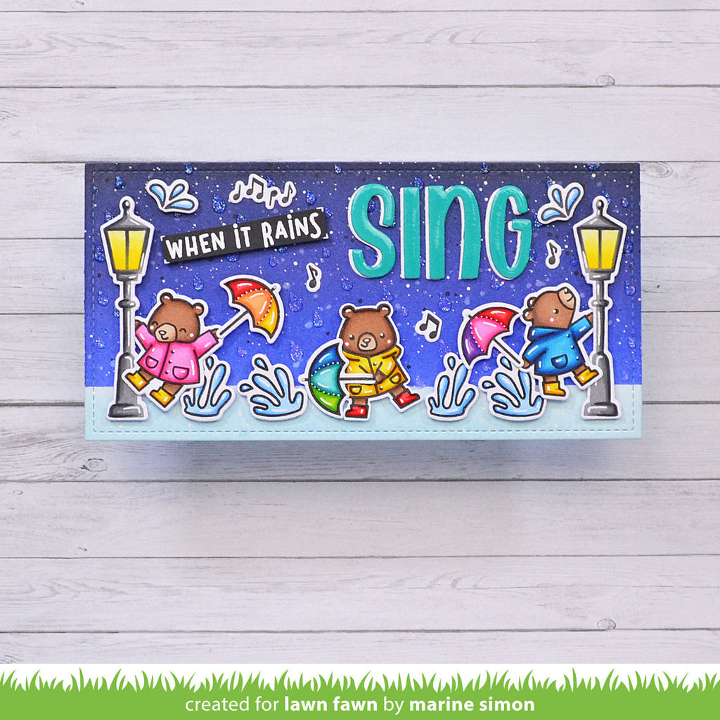 When It Rains, Sing Bears dancing in the rain puddles slimline card