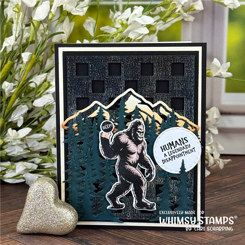 Whimsy Stamps Big Foot Assquatch Clear Stamp and Die Set checkerboard mountains card